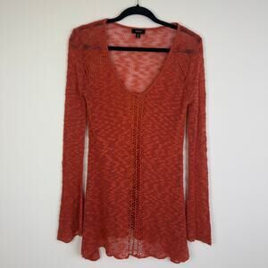 Nunui Womens Scoop Neck Open Knit Bell Sleeve Burnt Orange Sweater Tunic Top 10